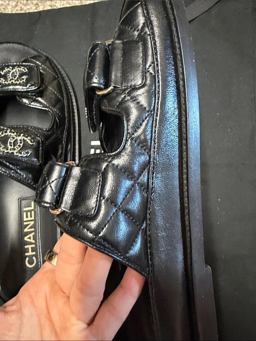 CHANEL Black Quilted Double-Strap Logo Slides with Gold Hardware